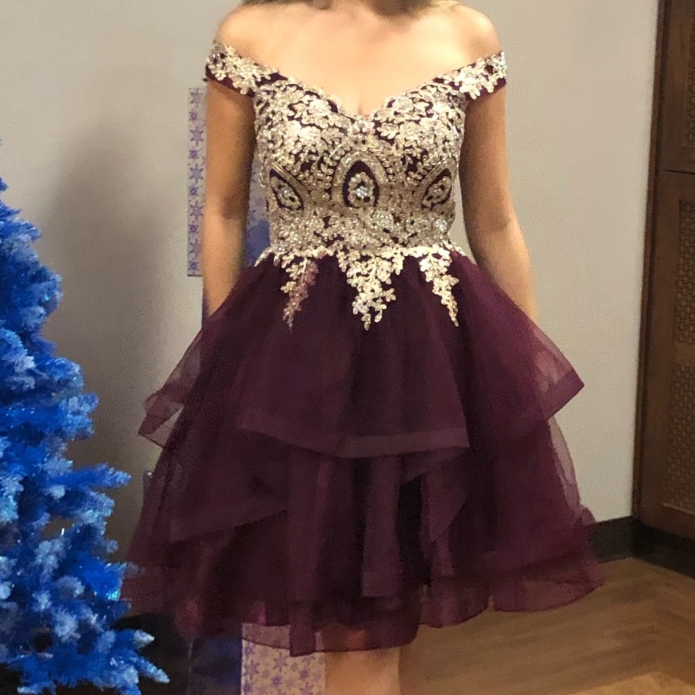 Elegant Burgundy and Gold Off-Shoulder Dress